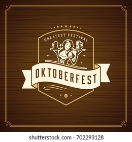 Oktoberfest beer festival celebration vintage greeting card or poster and wooden background vector illustration.