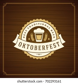 Oktoberfest beer festival celebration vintage greeting card or poster and wooden background vector illustration.