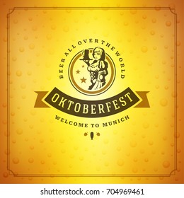 Oktoberfest beer festival celebration vintage greeting card or poster and beer background vector illustration.