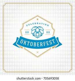 Oktoberfest beer festival celebration vintage greeting card or poster and checkered background vector illustration.