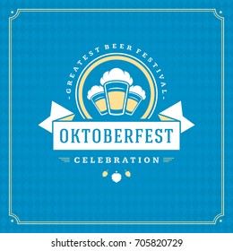 Oktoberfest beer festival celebration vintage greeting card or poster and blue checkered background vector illustration.