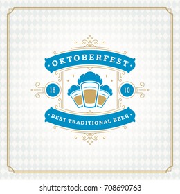 Oktoberfest beer festival celebration vintage greeting card or poster and checkered background vector illustration.
