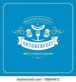 Oktoberfest beer festival celebration vintage greeting card or poster and blue checkered background vector illustration.
