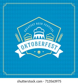 Oktoberfest beer festival celebration vintage greeting card or poster and blue checkered background vector illustration.