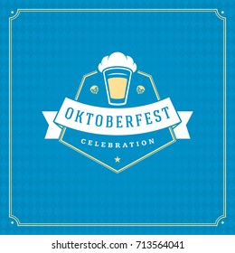 Oktoberfest beer festival celebration vintage greeting card or poster and blue checkered background vector illustration.