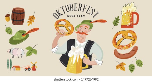 Oktoberfest, beer festival. Characters in German national dress drink beer from large mugs. Vector flat illustration with hand drawn unique textures.