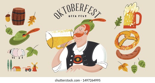 Oktoberfest, beer festival. Characters in German national dress drink beer from large mugs. Vector flat illustration with hand drawn unique textures.