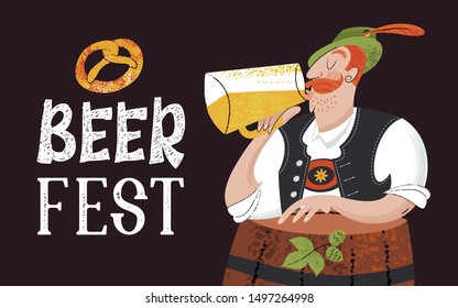 Oktoberfest, beer festival. Characters in German national dress drink beer from large mugs. Vector flat illustration with hand drawn unique textures.