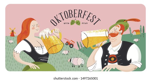 Oktoberfest, beer festival. Characters in German national dress drink beer from large mugs. Vector flat illustration with hand drawn unique textures.