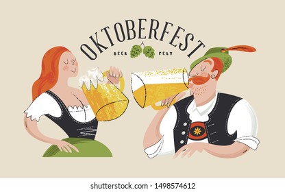 Oktoberfest, beer festival. Characters in German national dress drink beer from large mugs. Vector flat illustration with hand drawn unique textures.