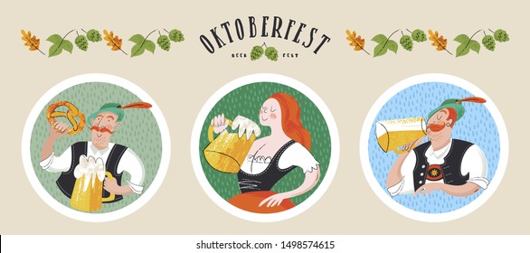 Oktoberfest, beer festival. Characters in German national dress drink beer from large mugs. Vector flat illustration with hand drawn unique textures.