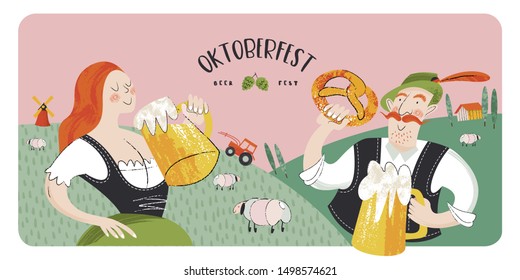 Oktoberfest, beer festival. Characters in German national dress drink beer from large mugs. Vector flat illustration with hand drawn unique textures.