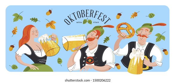 Oktoberfest, beer festival. Characters in German national dress drink beer from large mugs. Vector flat illustration with hand drawn unique textures.