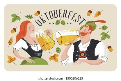 Oktoberfest, beer festival. Characters in German national dress drink beer from large mugs. Vector flat illustration with hand drawn unique textures.