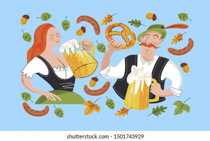 Oktoberfest, beer festival. Characters in German national dress drink beer from large mugs. Vector flat illustration with hand drawn unique textures.