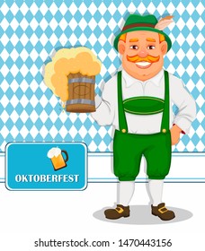 Oktoberfest, beer festival. Cheerful man in traditional Bavarian clothes holds beer. Vector illustration on colorful background