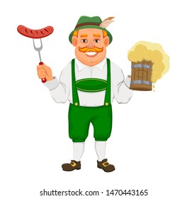 Oktoberfest, beer festival. Cheerful man in traditional Bavarian clothes holds a mug of beer and grilled sausage. Vector illustration