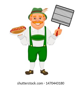 Oktoberfest, beer festival. Cheerful man in traditional Bavarian clothes holds hot dog and barbeque grid. Vector illustration