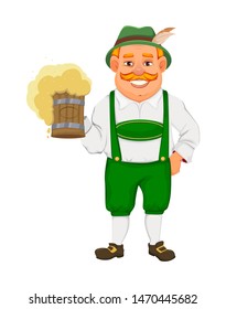 Oktoberfest, beer festival. Cheerful man in traditional Bavarian clothes holds a mug of beer. Vector illustration