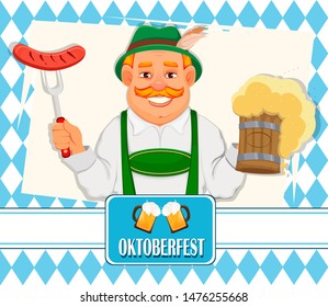 Oktoberfest, beer festival. Cheerful man in traditional Bavarian clothes holds grilled sausage and pint of beer. Vector illustration on colorful background