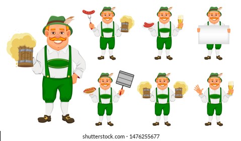 Oktoberfest, beer festival. Cheerful man in traditional Bavarian clothes, set of seven poses. Vector illustration on white background