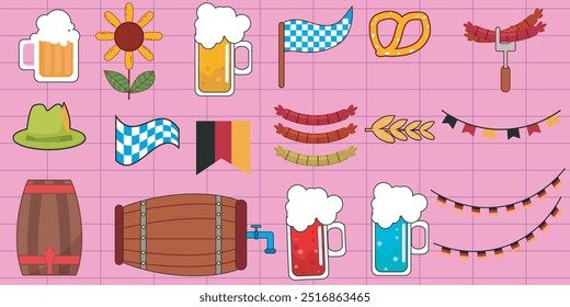 Coleção do festival de cerveja Oktoberfest. Vidro de cerveja, bandeira, cerveja, trigo, cone de lúpulo, barril. Ilustração vetorial para as celebrações de outubro na Alemanha