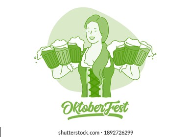 Concepto del festival de cerveza Oktoberfest. Joven sonriente camarera con traje tradicional de vestir alemán sirviendo mitos con bebida fresca de espuma a los clientes durante el evento del festival de cerveza ilustración vectorial 