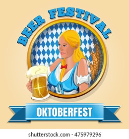 Oktoberfest. Beer Festival design. Cute blue-eyed blonde with a glass of beer in his hand. Hibernian (waitress, nippy) with a glass of beer. Vector illustration