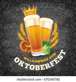 Oktoberfest beer festival design with different objects related with beer. Chalkboard style with hand drawn doodle pattern. Vector illustration. 