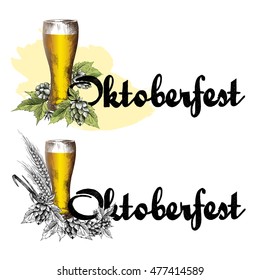 Oktoberfest beer festival design with beer glass, hops branch, leaves and cones, barley ears, black and white sketch vintage style, vector isolated illustration and lettering.