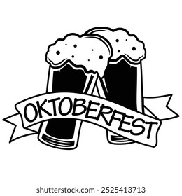 Oktoberfest beer festival design. Two toasting beer mugs with banner badge