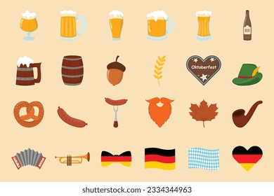 Oktoberfest Beer Festival element set. gingerbread, accordion, beer, grilled sausage on fork, smoking pipe and ets.