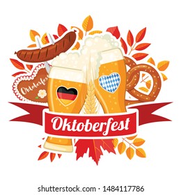 Oktoberfest beer festival elements in flat style isolated on white background. Design for posters, banners, web or cards. Vector illustration.