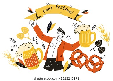 Oktoberfest, beer festival emblem or poster design,  doodle style vector illustration isolated on white background.