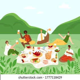 Oktoberfest or beer festival event, group of people having a picnic in rural area, men and women chatting, drinking beer, celebrating and eating sausages and pretzels - vector flat characters isolated