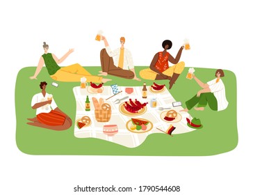 Oktoberfest or beer festival event, group of people having a picnic in rural area, men and women chatting, drinking beer, celebrating and eating sausages and pretzels - vector flat characters isolated