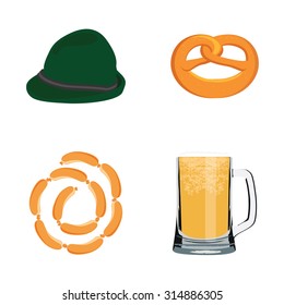 Oktoberfest beer festival flat icon set or design elements - pretzel, beer mug, sausage chain and green german hat