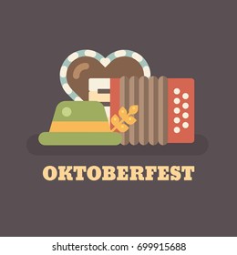  Oktoberfest beer festival flat illustration. Accordion, green hat with wheat and gingerbread heart
