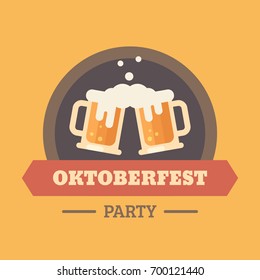  Oktoberfest beer festival flat illustration badge. Two beer mugs, cheers. Oktoberfest party banner