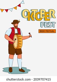 Oktoberfest Beer Festival Flyer Design With Cartoon German Man Beating Drum On Turquoise Background.