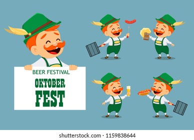 Oktoberfest, beer festival. Funny man, cartoon character, set of five poses. Vector illustration on blue background.