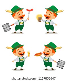 Oktoberfest, beer festival. Funny man, cartoon character, set of four poses. Vector illustration on white background.