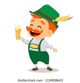 Oktoberfest, beer festival. Funny man, cartoon character holding a glass of fresh beer. Vector illustration on white background.