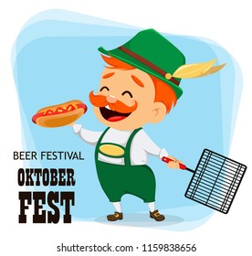 Oktoberfest, beer festival. Funny man, cartoon character holding hot dog and grid. Vector illustration on abstract background.