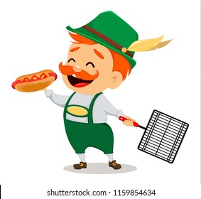 Oktoberfest, beer festival. Funny man, cartoon character holding hot dog and grid. Vector illustration on abstract background.