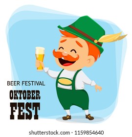 Oktoberfest, beer festival. Funny man, cartoon character holding a glass of beer. Vector illustration on abstract background.