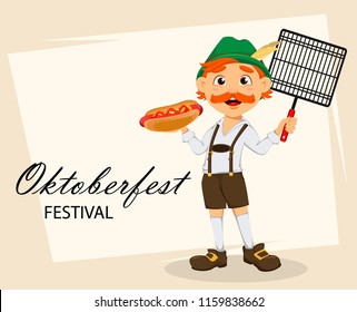 Oktoberfest, beer festival. Funny redhead man, cartoon character holding hot dog and grid. Vector illustration on abstract background