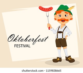 Oktoberfest, beer festival. Funny redhead man, cartoon character holding grilled sausage on fork. Vector illustration on abstract background