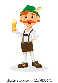 Oktoberfest, beer festival. Funny redhead man, cartoon character holding a glass of beer. Vector illustration on white background