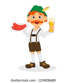 Oktoberfest, beer festival. Funny redhead man, cartoon character holding grilled sausages and beer. Vector illustration on white background